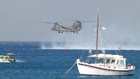 Greek Army Chinook CH-47DG helicopter collecting water off Faliraki, Rhodes