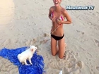Puppy tries to pull off girl’s bikini top